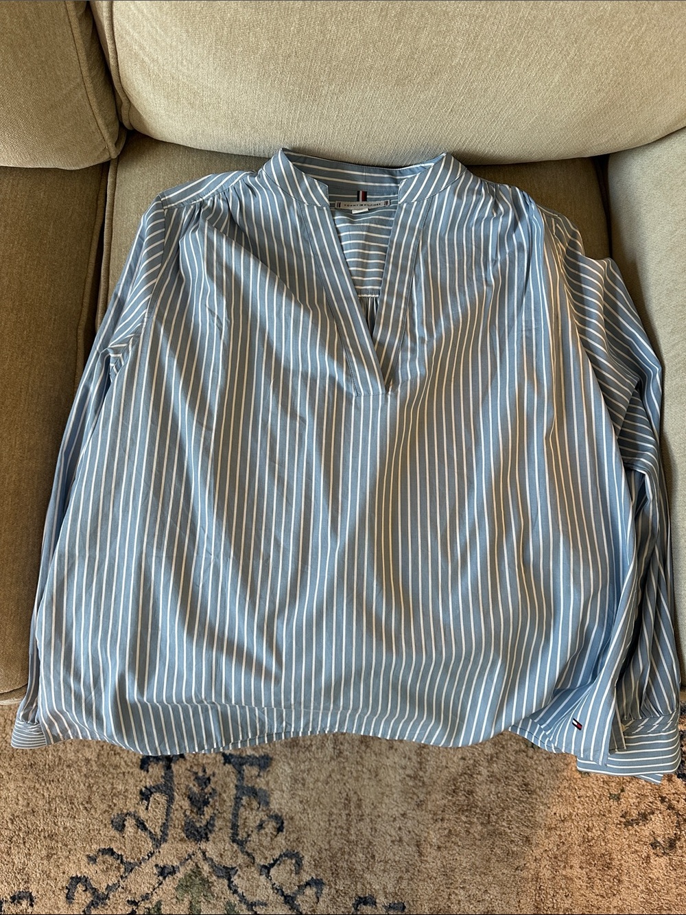 Tommy Hilfiger Light Blue and White Striped Casual Button-Down Shirt #preppy